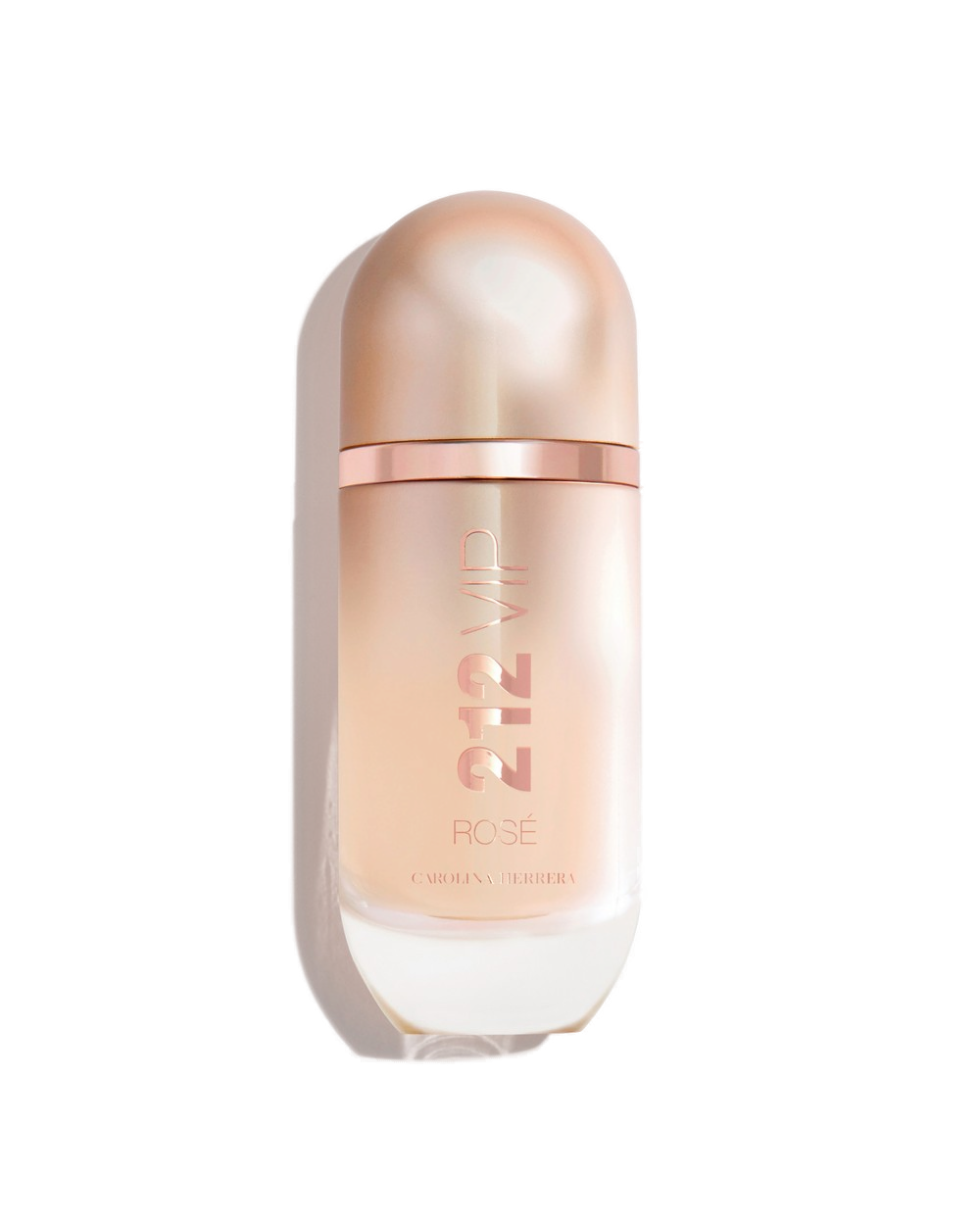 212 VIP Rosé Eau de Parfum Carolina Herrera 80ml: cápsula matte rosé com tampa dome rose gold espelhada, gravação 212 VIP no vidro