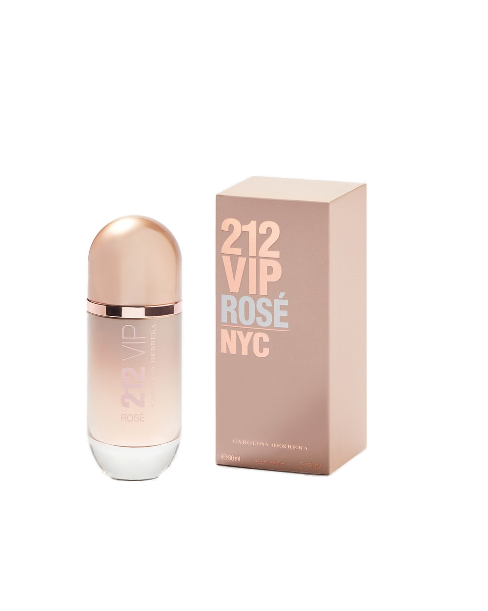 212 VIP Rosé Carolina Herrera 80ml: estojo oficial rosé com lettering 212 VIP ROSÉ NYC em relevo metálico