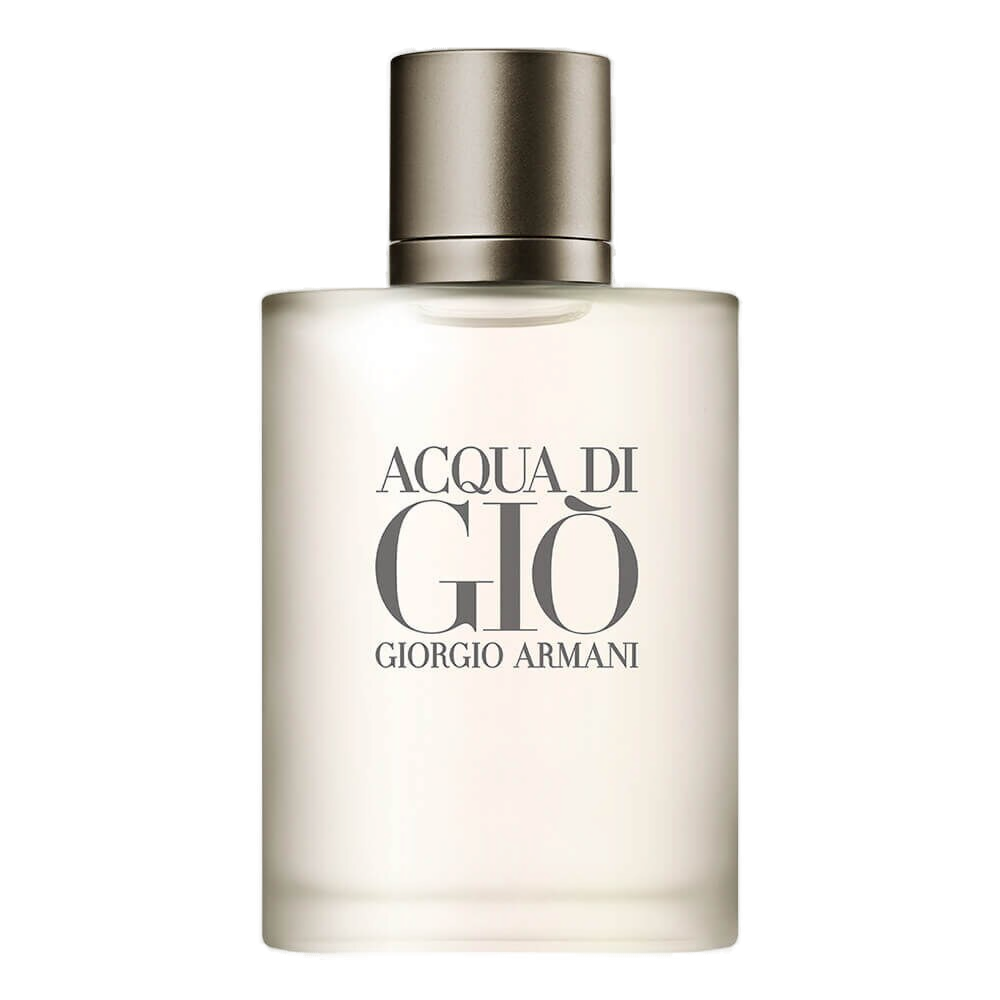 Acqua di Giò Pour Homme Eau de Toilette Giorgio Armani 100ml: frasco fosco rectangular em vidro jateado, tampa cilíndrica em metal escovado bege-bronze, lettering ACQUA DI GIÒ em cinza no centro do frasco