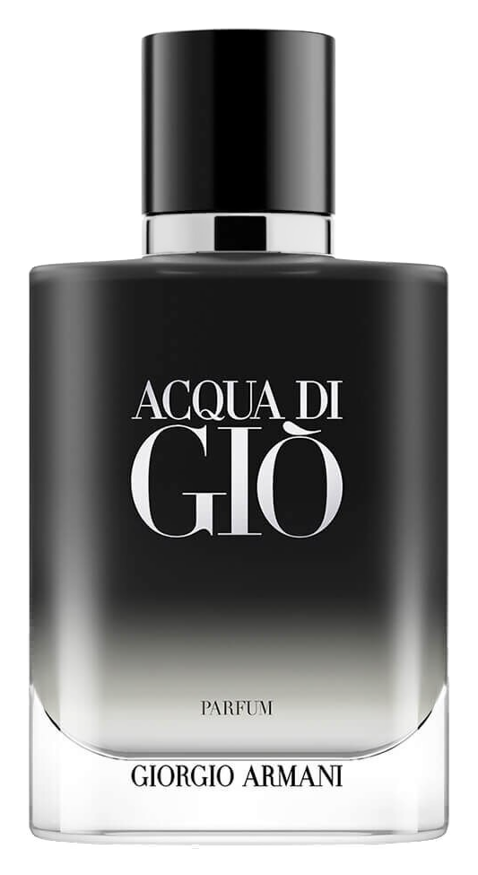Acqua di Giò Homme Parfum 40ml: vidro azul-petróleo translúcido com a lettering Armani em prata, tampa pedra cinza fosca em formato de seixo