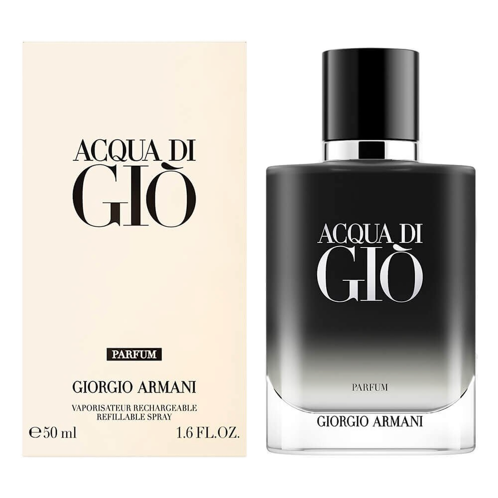 Acqua di Giò Homme Parfum 40ml: estojo oficial azul-petróleo com lettering ARMANI em prata, ao lado do frasco translúcido azul profundo com tampa pedra cinza
