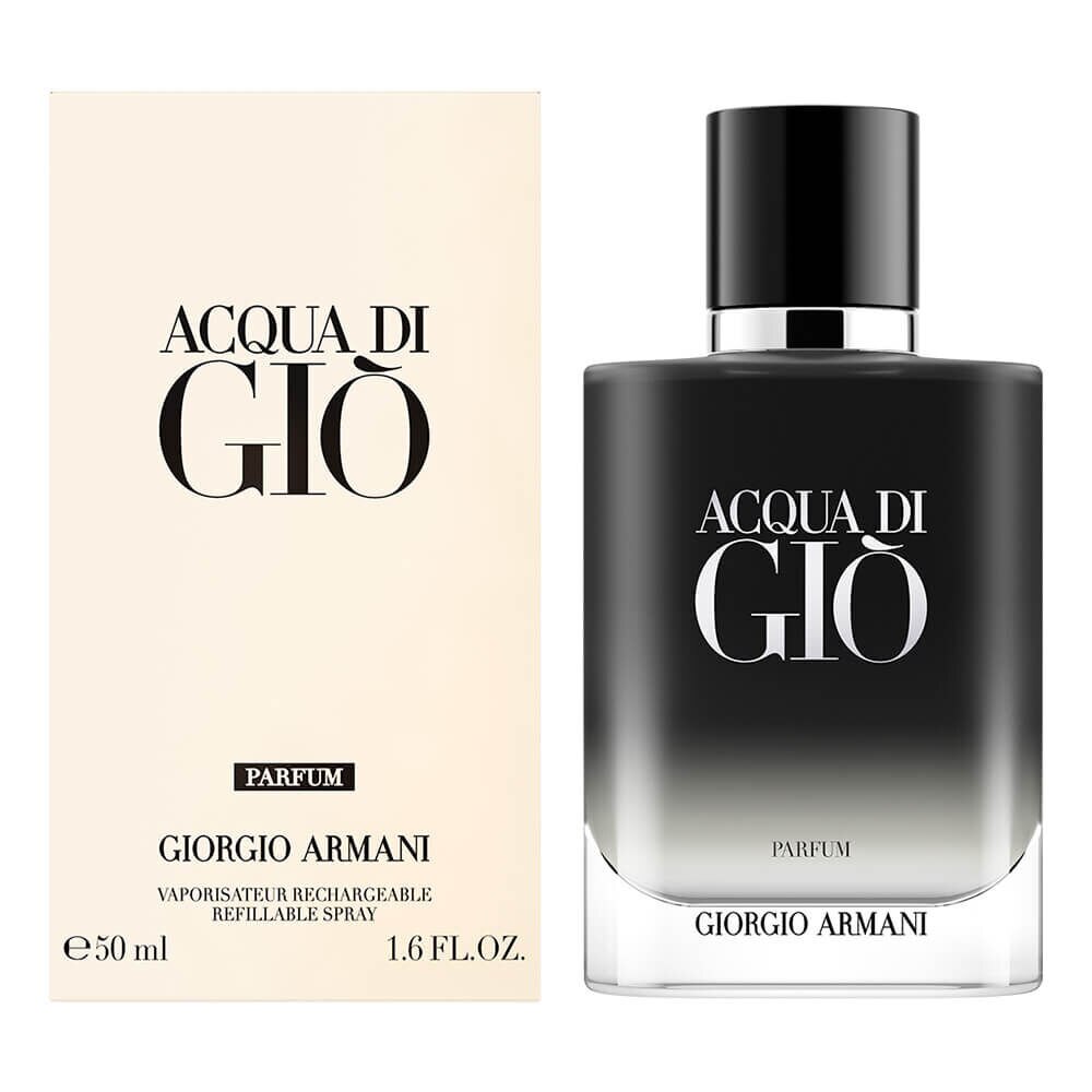 Detalhe do frasco azul-petróleo e tampa pedra cinza do Acqua di Giò Homme Parfum, com indicador de intensidade e notas-chave abaixo