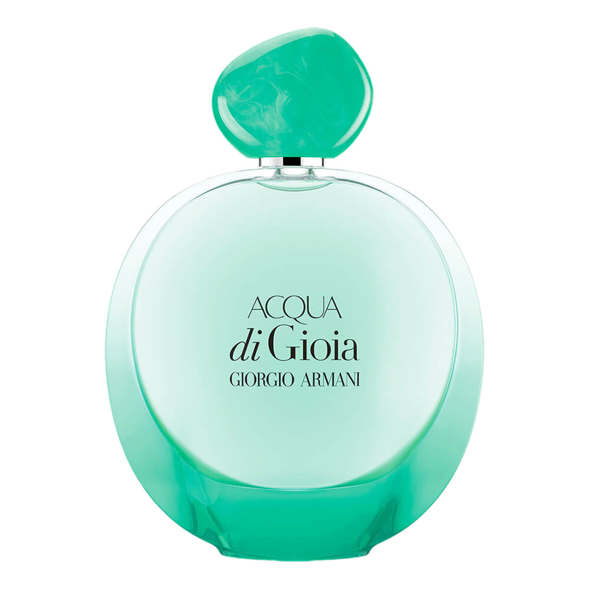 Acqua di Gioia Eau de Parfum Intense Giorgio Armani 50ml: frasco redondo em vidro turquesa com tampa esmeralda em formato de pedra polida