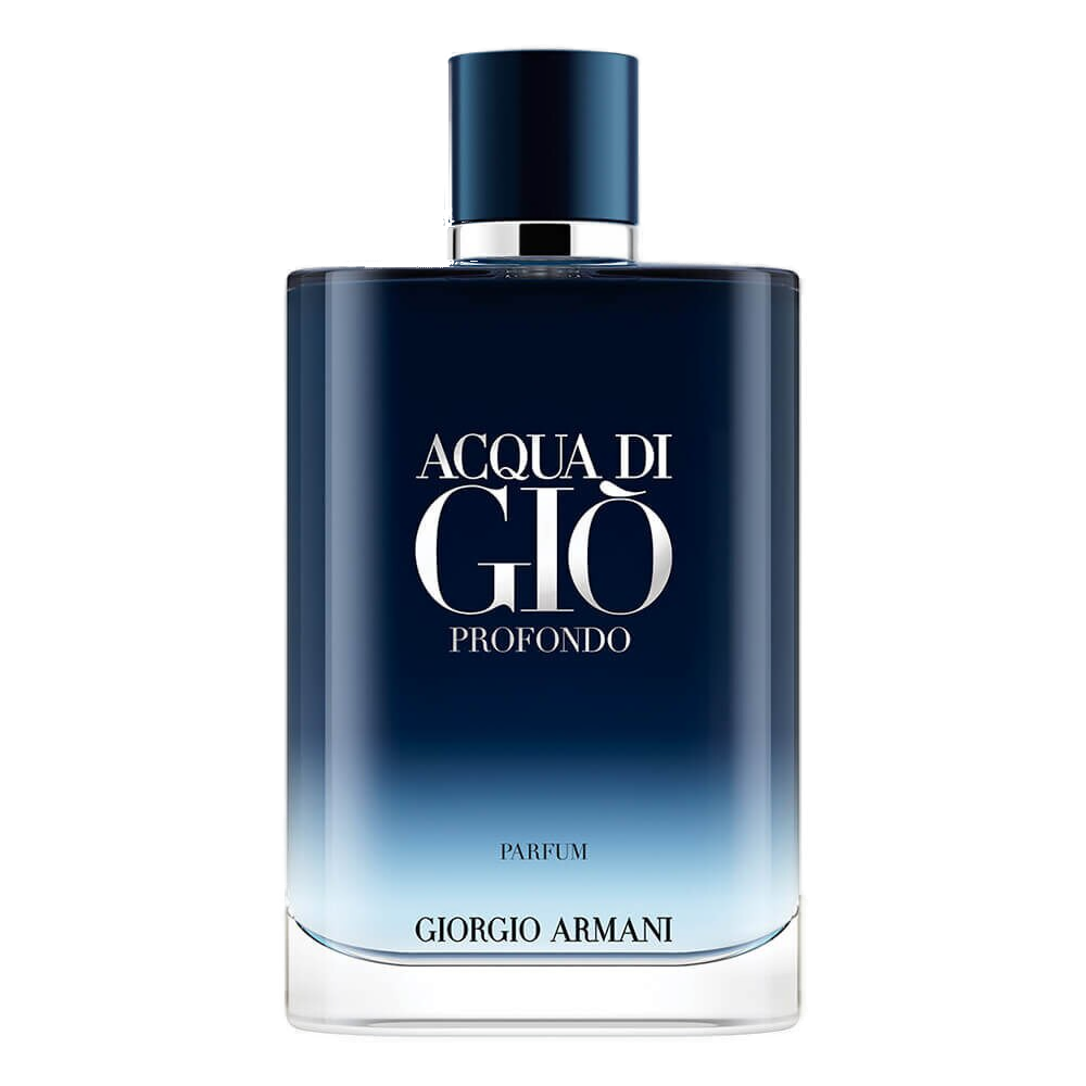 Acqua di Giò Profondo Parfum 50ml: vidro azul abissal translúcido com a inscrição Acqua di Giò Profondo em prata polida, tampa preta fosca minimalista