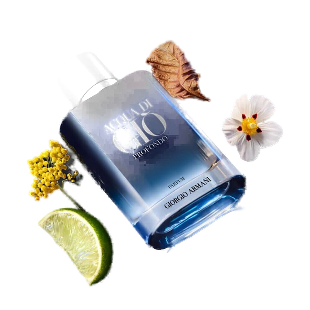 Acqua di Giò Profondo 50ml: estojo oficial azul abissal com o lettering ARMANI em prata, ao lado do frasco translúcido azul profundo com tampa preta