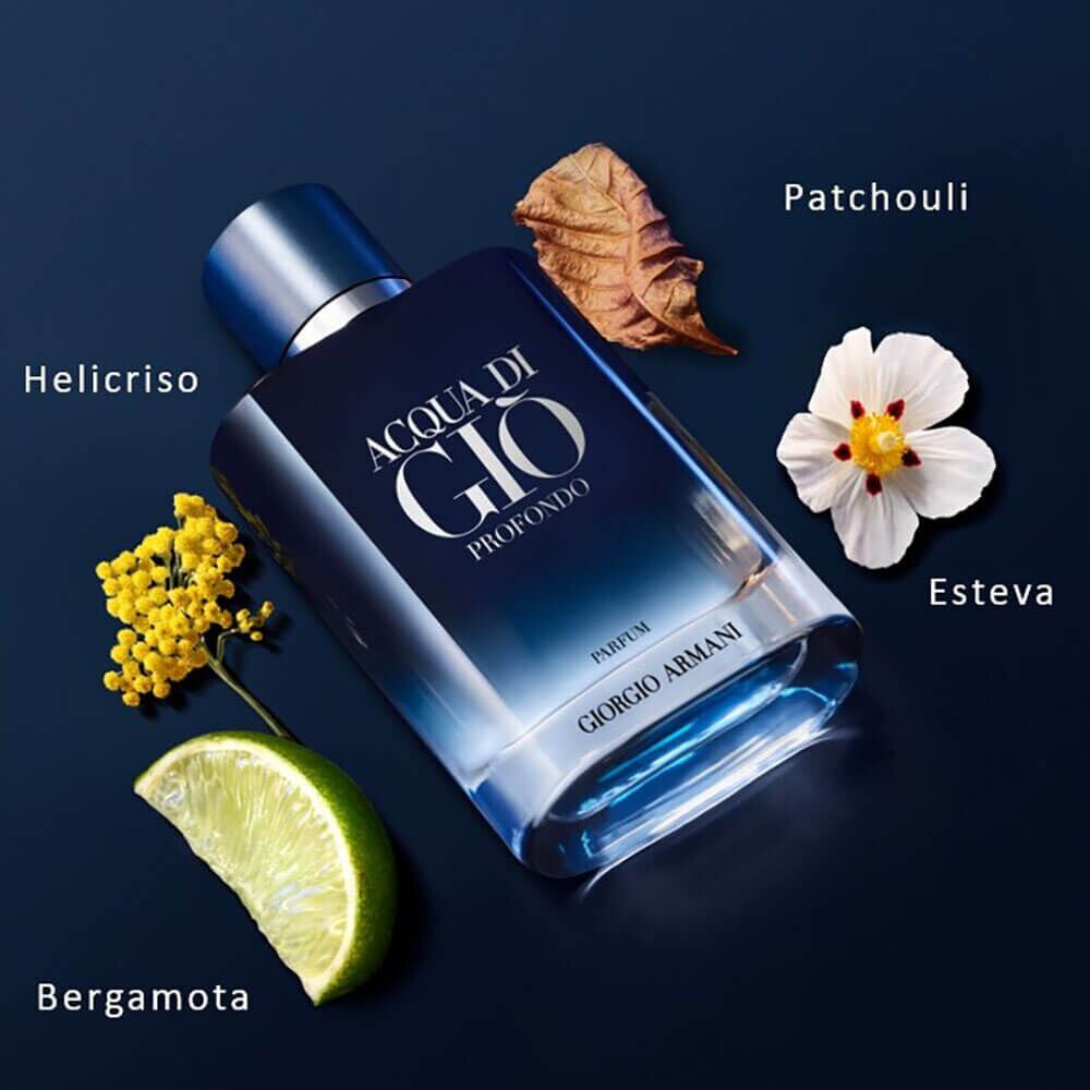 Detalhe do frasco azul abissal e tampa preta do Acqua di Giò Profondo, com indicador de intensidade e notas-chave abaixo