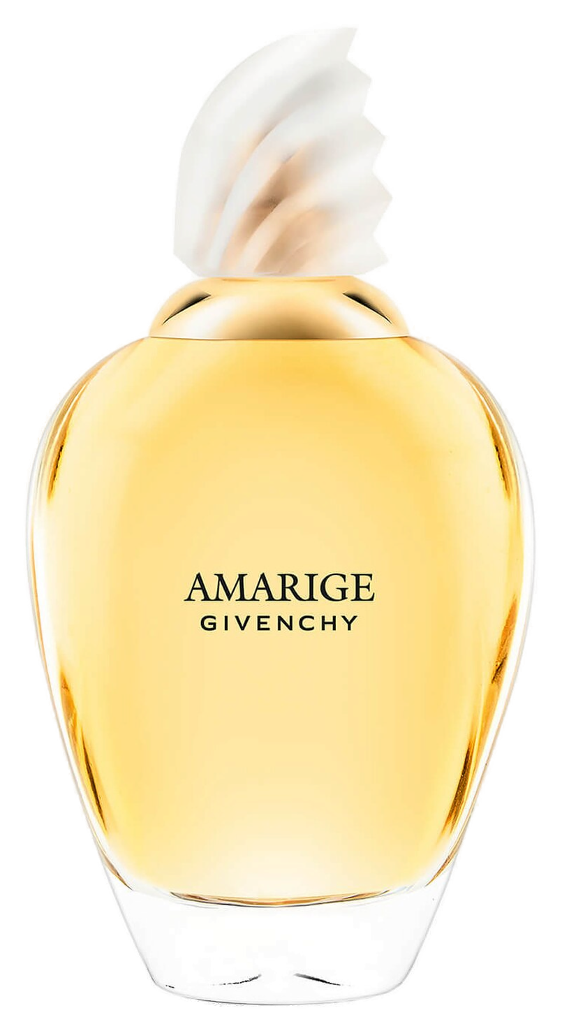Amarige Eau de Toilette 100ml Givenchy: frasco arredondado de vidro com líquido âmbar dourado, lettering Amarige Givenchy e tampa de plume plissada em marfim