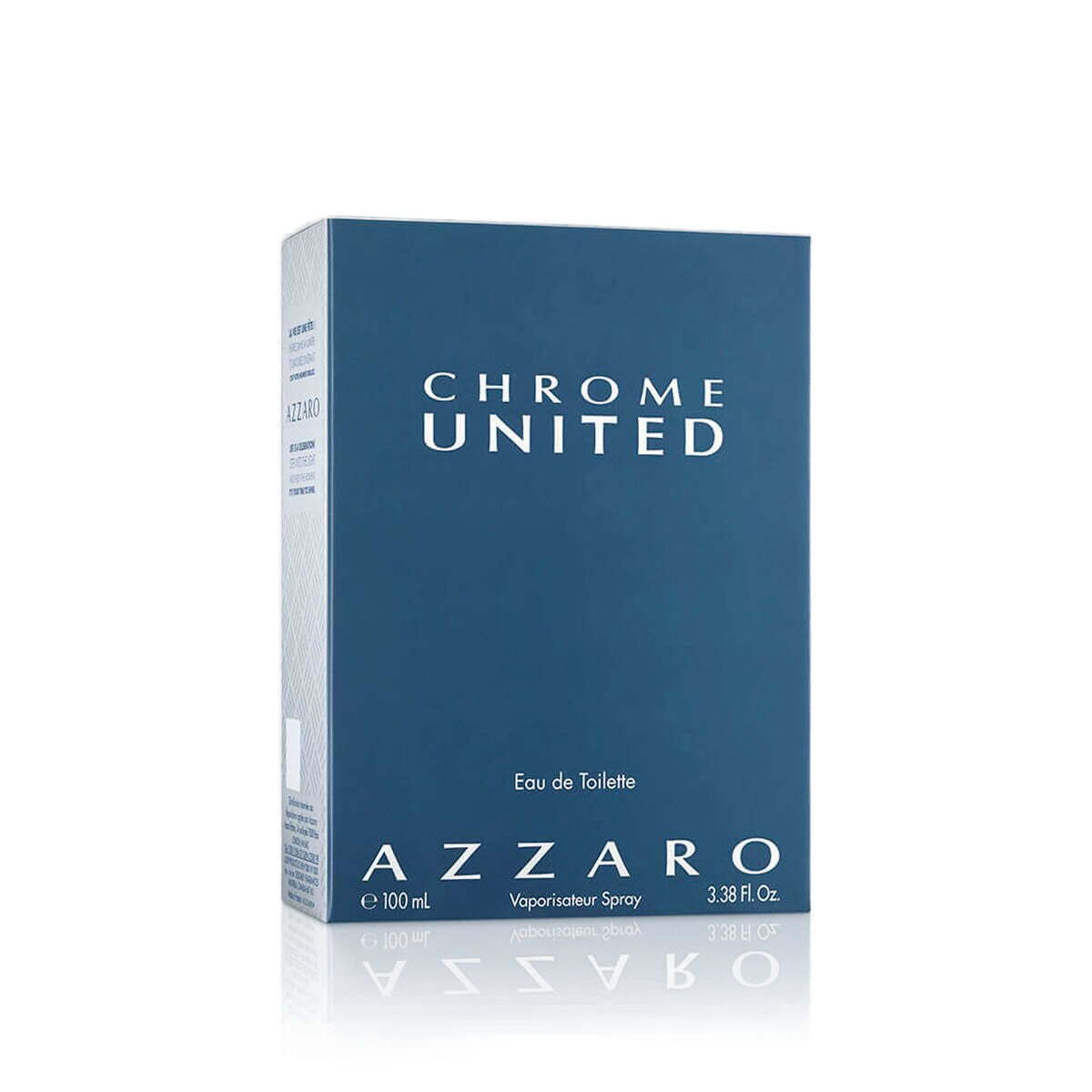 Azzaro Chrome United: estojo oficial em azul navy/teal com lettering CHROME UNITED em branco, Eau de Toilette e AZZARO 100mL no rodapé