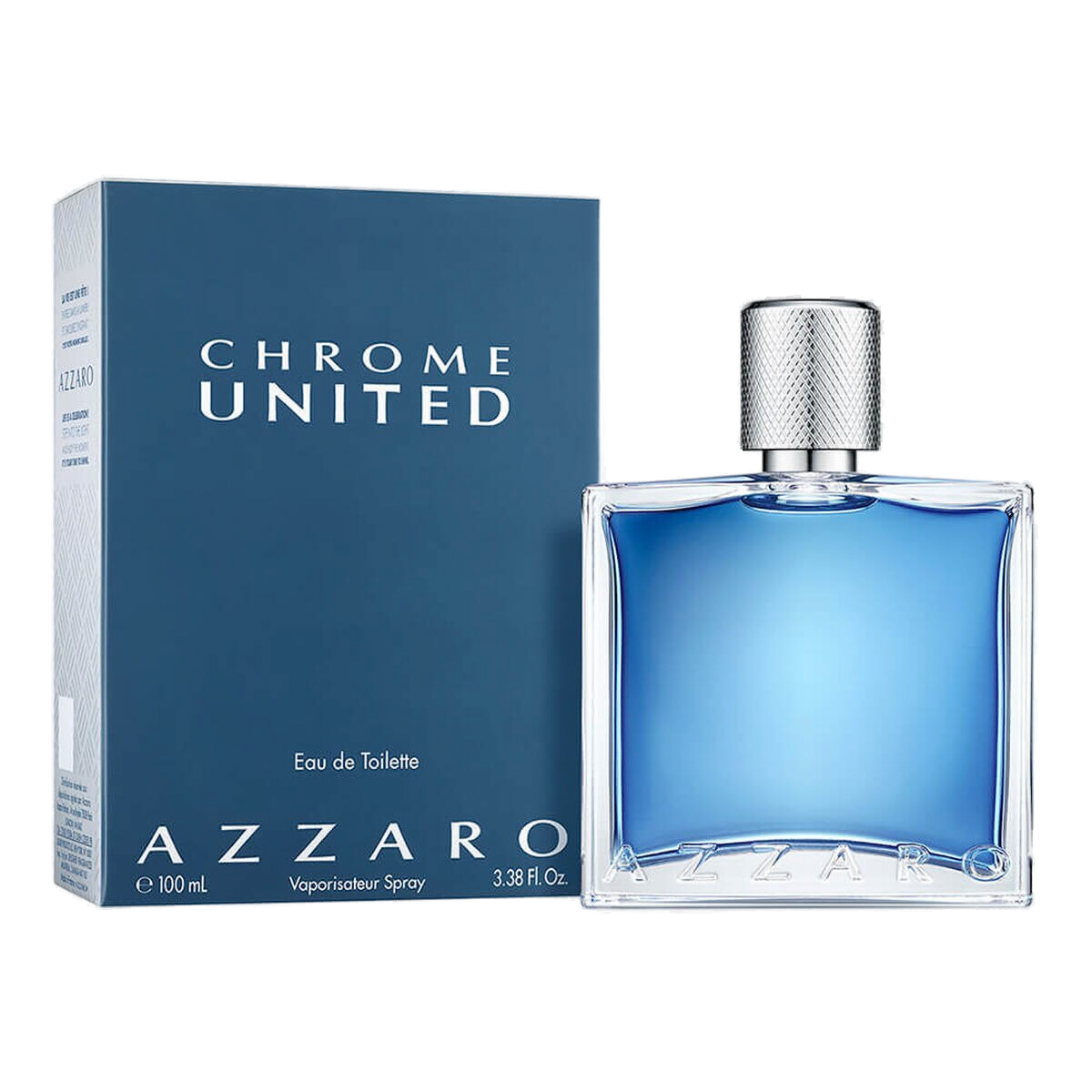 Frasco e estojo Chrome United lado a lado: vidro azul cobalto translúcido com a caixa azul navy CHROME UNITED