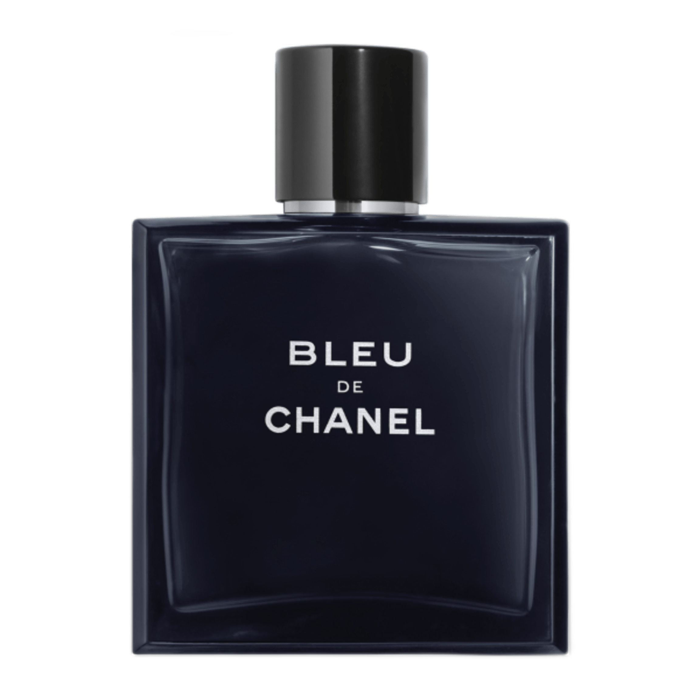 Bleu de Chanel Eau de Toilette: frasco azul-marinho fosco vidro espesso com tampa magnética prata cromada e lettering Bleu de Chanel