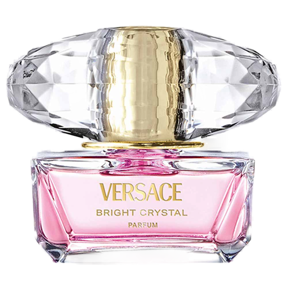 Versace Bright Crystal Parfum 30ml: frasco rosa lapidado em vidro com filete dourado, tampa em cristal facetado lembrando uma jóia, inscrição VERSACE BRIGHT CRYSTAL PARFUM em ouro na frente, assinatura Donatella Versace.