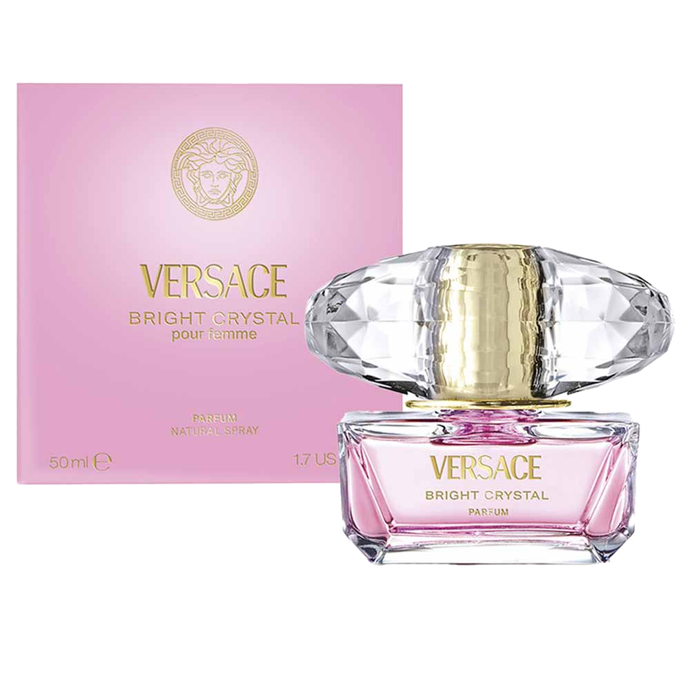 Bright Crystal Parfum Versace ao lado da caixa oficial em rosa com o medusa dourado Versace gravado — embalagem lacrada Versace Beauty.