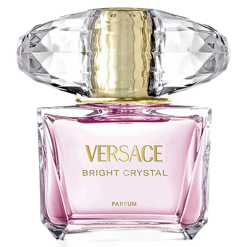 Detalhe do flacon Versace Bright Crystal Parfum 30ml: tampa-jóia em cristal facetado dourado, vidro rosa quartzo lapidado e inscrição VERSACE BRIGHT CRYSTAL PARFUM em ouro.