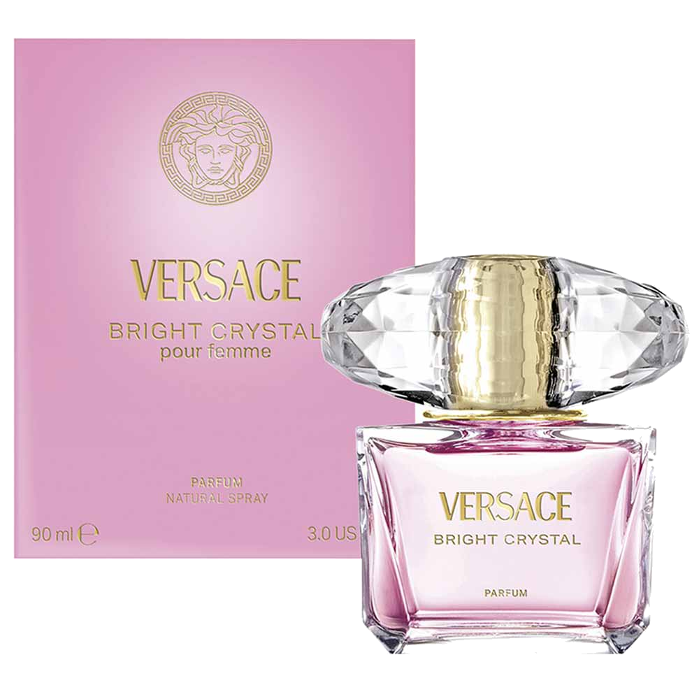 Conjunto oficial Versace Bright Crystal Parfum: flacon facetado ao lado da caixa rosa com medusa dourado e o logo VERSACE em ouro.