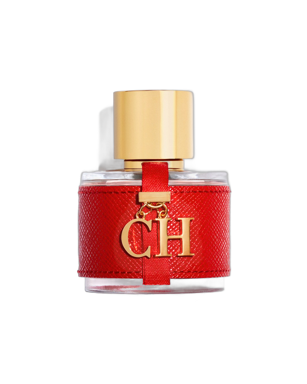CH Femme Carolina Herrera 50ml: frasco coberto em couro vermelho saffiano com tampa dourada e medalhão CH em metal dourado