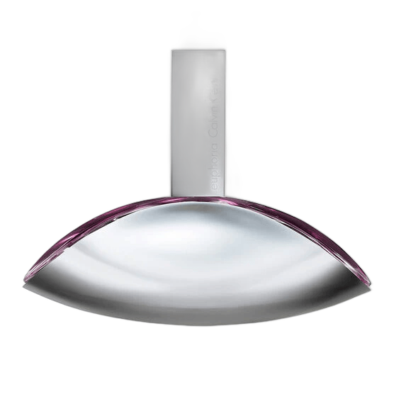 Calvin Klein Euphoria for Woman Eau de Parfum 30ml: frasco em forma de amêndoa cromada com bordas violetas, tampa retangular prata gravada Calvin Klein. Imagem ilustrativa do frasco de 50 ml.