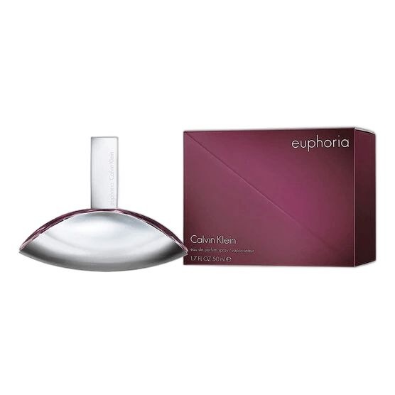Calvin Klein Euphoria for Woman EDP: frasco amêndoa cromada e estojo violeta profundo com lettering euphoria · Calvin Klein. Imagem ilustrativa do conjunto de 50 ml.