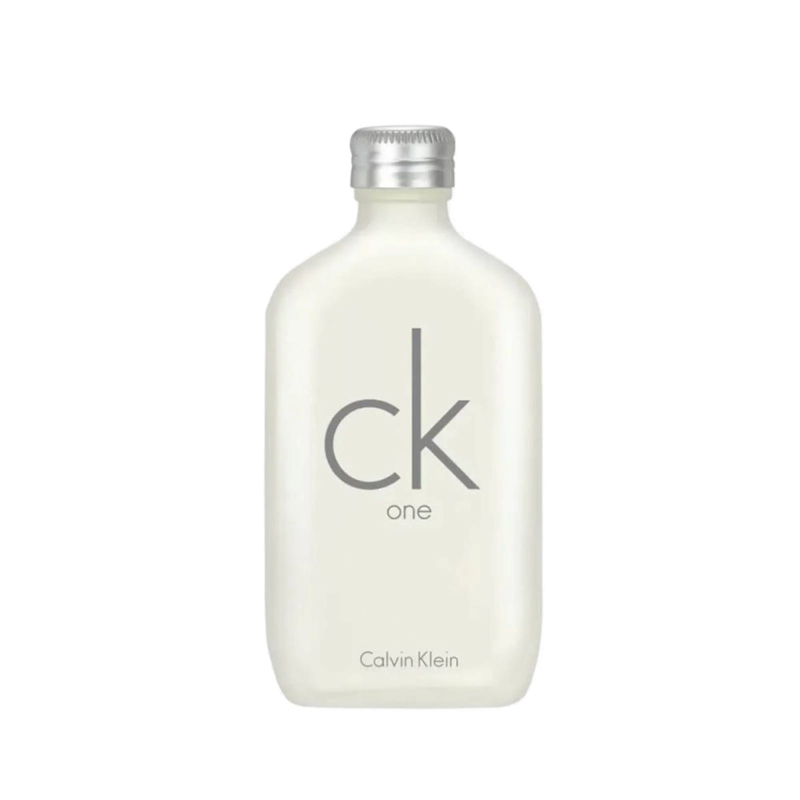 Calvin Klein CK One Eau de Toilette 100ml: frasco translúcido em vidro fosco efeito alumínio escovado com lettering ck one calvin klein em preto, tampa rosqueável estilo cantil industrial.