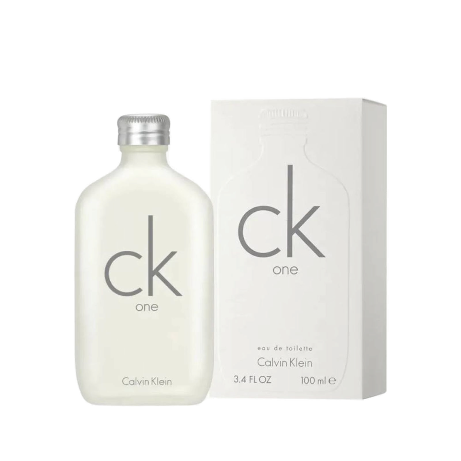 Calvin Klein CK One Eau de Toilette 100ml: frasco translúcido em vidro fosco efeito alumínio ao lado do estojo oficial Calvin Klein, em embalagem off-white com lettering ck one calvin klein em preto.