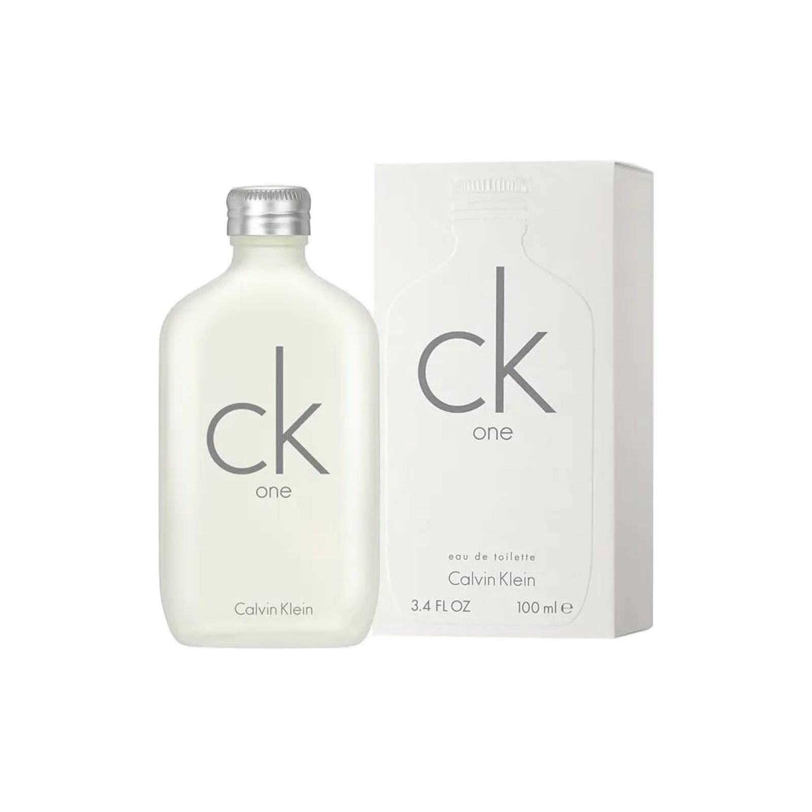Estojo oficial Calvin Klein CK One: caixa off-white em cartão fosco com lettering Helvetica em preto, lateral indicando 100 ml unissex.