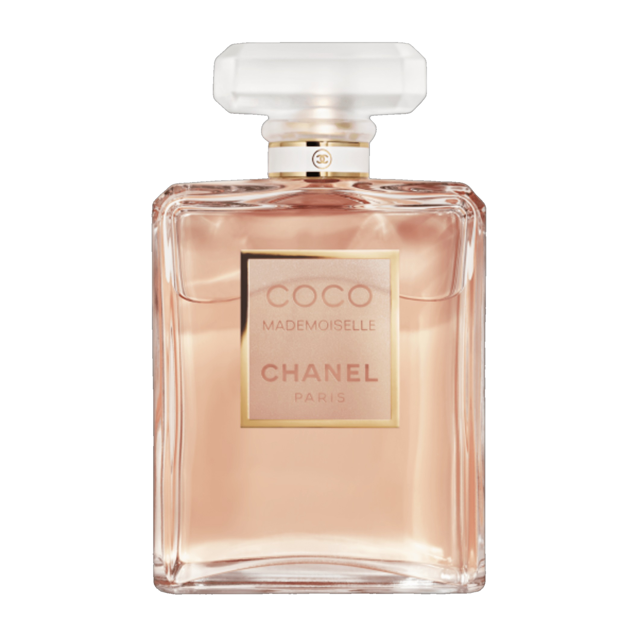 Coco Mademoiselle Eau de Parfum 100ml Chanel: frasco retangular de vidro facetado com líquido âmbar-rosado luminoso, etiqueta dourada COCO MADEMOISELLE CHANEL PARIS e tampa de cristal facetada com anel dourado