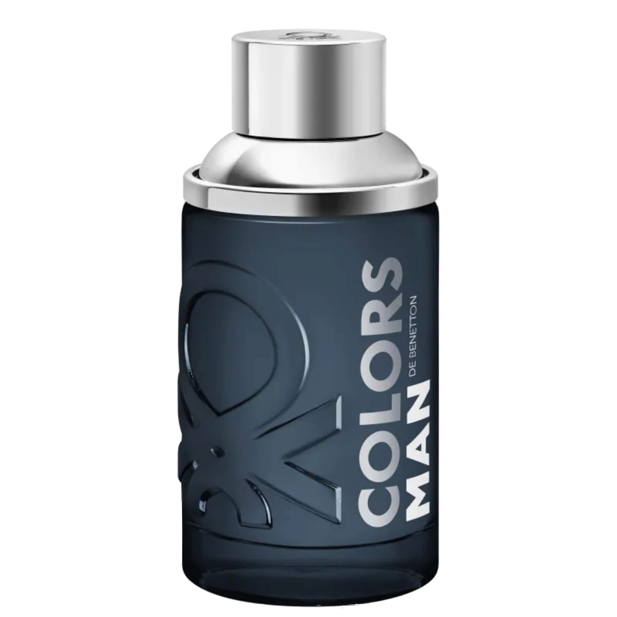 Colors Man Black Eau de Toilette 60ml Benetton: frasco de vidro fosco cinza-azulado escuro com o nó Benetton em relevo, COLORS MAN DE BENETTON gravado e tampa prata cromada