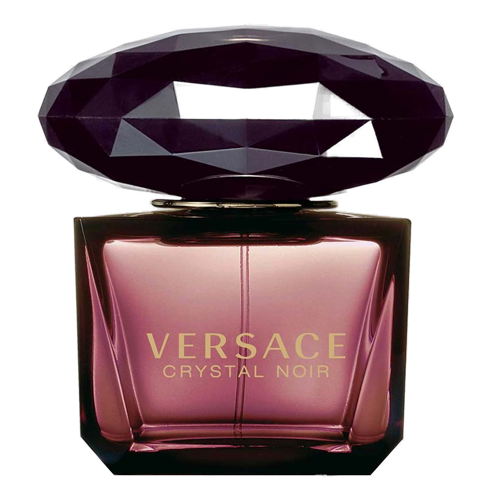 Crystal Noir Eau de Parfum Versace: frasco facetado de vidro mauve-rosado translúcido em degradê, tampa-gema dome facetada em preto-ametista e VERSACE CRYSTAL NOIR em dourado no corpo