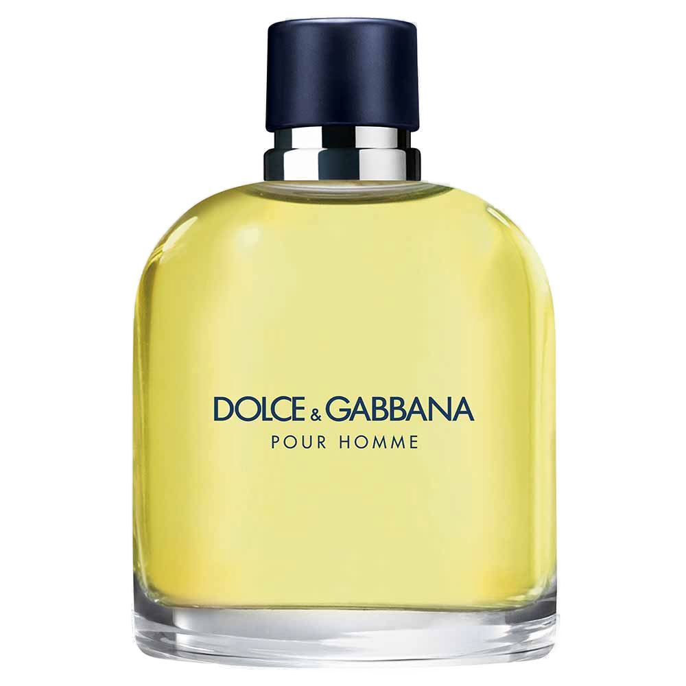 Dolce & Gabbana Pour Homme Eau de Toilette 125ml: frasco de vidro transparente arredondado com líquido amarelo-esverdeado, tampa azul-marinho fosca com colar prateado e POUR HOMME gravado em azul