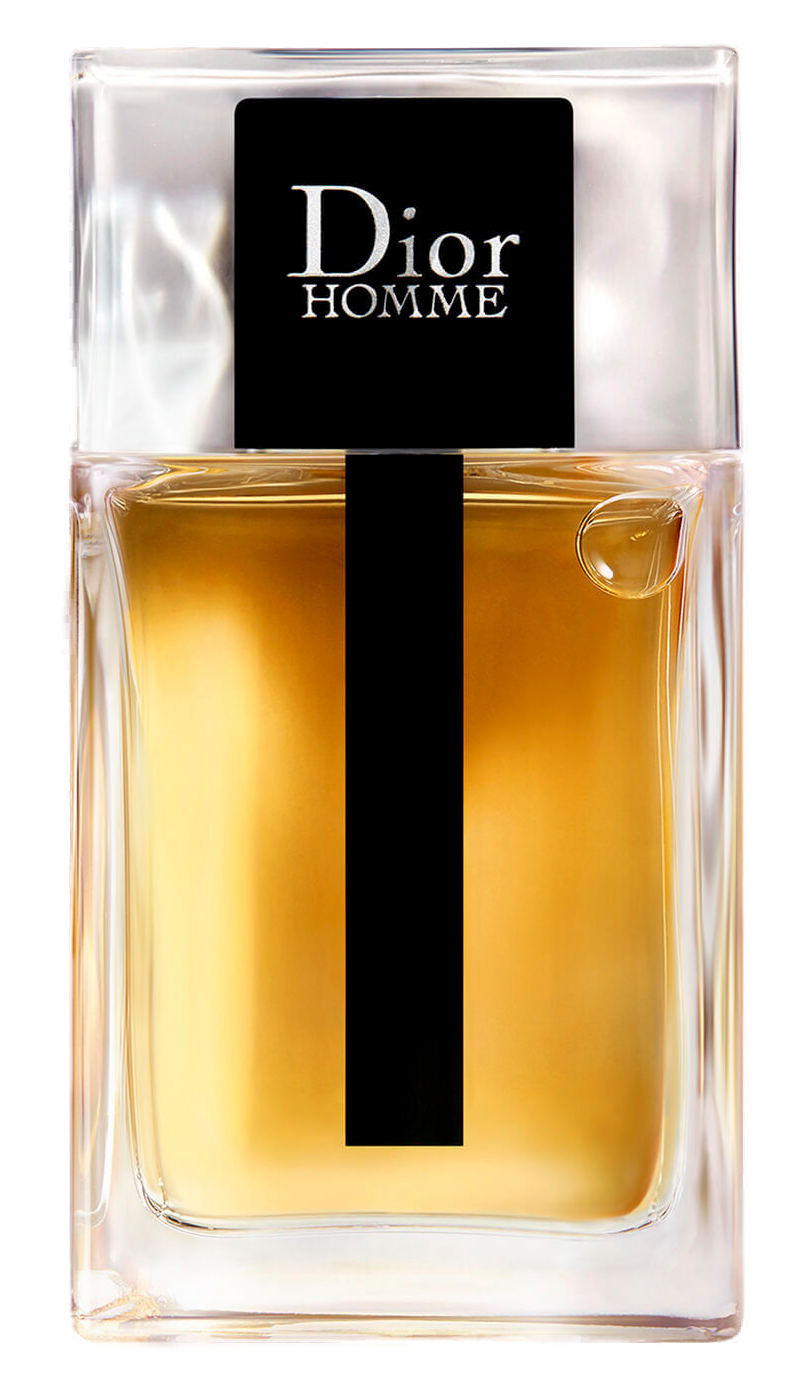 Dior Homme Eau de Toilette 50ml: frasco retangular de vidro espesso transparente com líquido âmbar, faixa preta vertical e placa preta laqueada com lettering Dior Homme em prata
