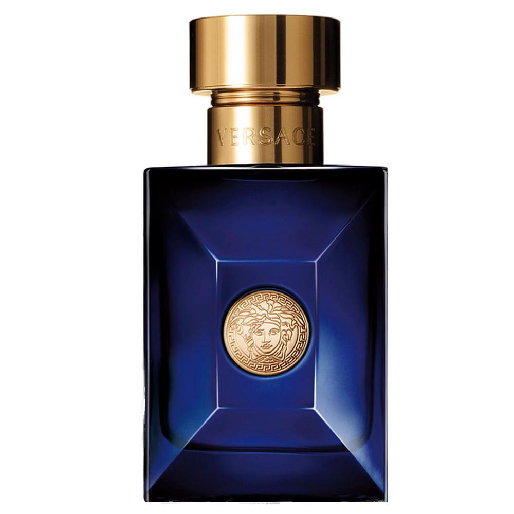 Dylan Blue Pour Homme Eau de Toilette 100ml Versace: frasco facetado de vidro azul-safira em degradê, medalhão Medusa dourado no centro e tampa dourada espelhada com VERSACE gravado no gargalo