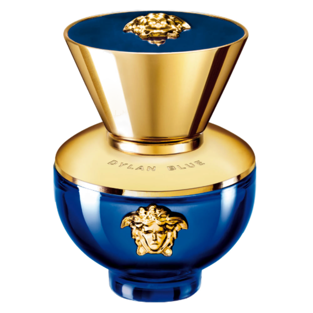 Dylan Blue Pour Femme Eau de Parfum Versace: frasco-taça de vidro azul-royal profundo, tampa-cone dourada espelhada, medalhão Medusa dourado e anel gravado DYLAN BLUE