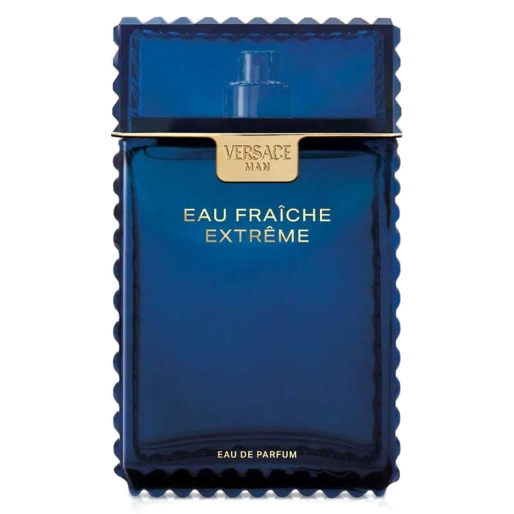 Versace Man Eau Fraîche Extreme Eau de Parfum 100ml Versace: frasco-prisma de vidro azul cobalto profundo com bordas serrilhadas, placa dourada gravada VERSACE MAN e EAU FRAICHE EXTREME em letras douradas no corpo