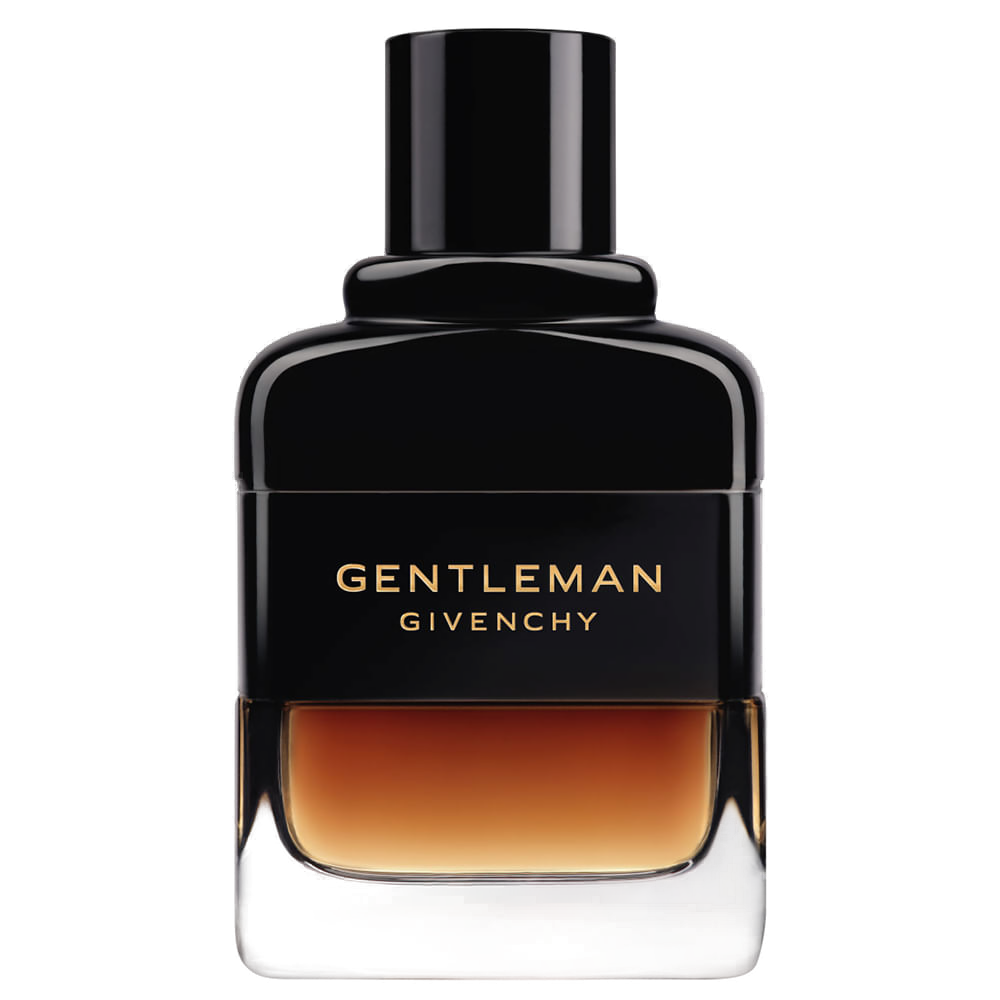 Givenchy Gentleman Society Réserve Privée 60ml: frasco com elo metálico G ao colo, líquido âmbar dourado, vidro espesso transparente