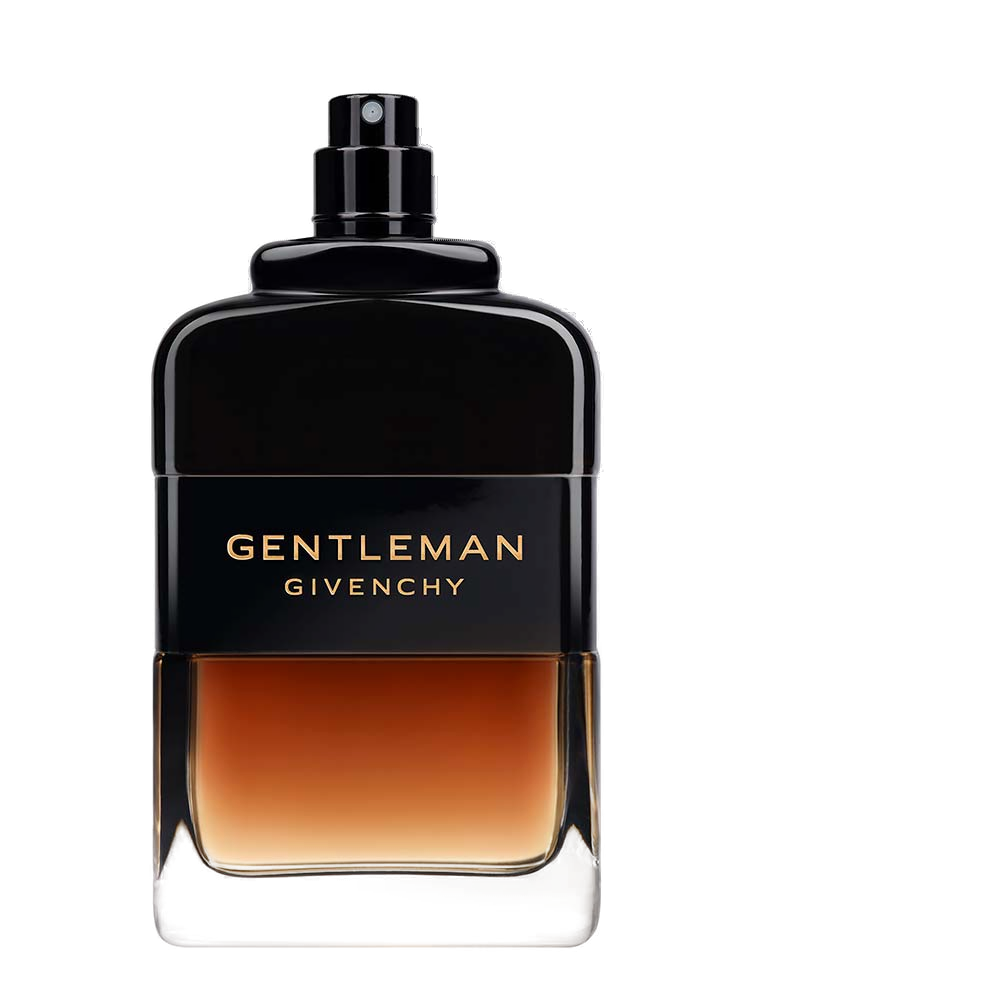 Givenchy Gentleman Society Réserve Privée 60ml: vista de perfil do frasco em vidro escuro com elo metálico G, líquido âmbar denso