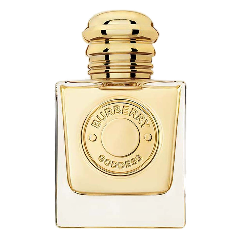 Goddess Eau de Parfum 50ml Burberry: frasco de vidro transparente com líquido dourado-claro, tampa dourada canelada e medalhão dourado em relevo com BURBERRY GODDESS
