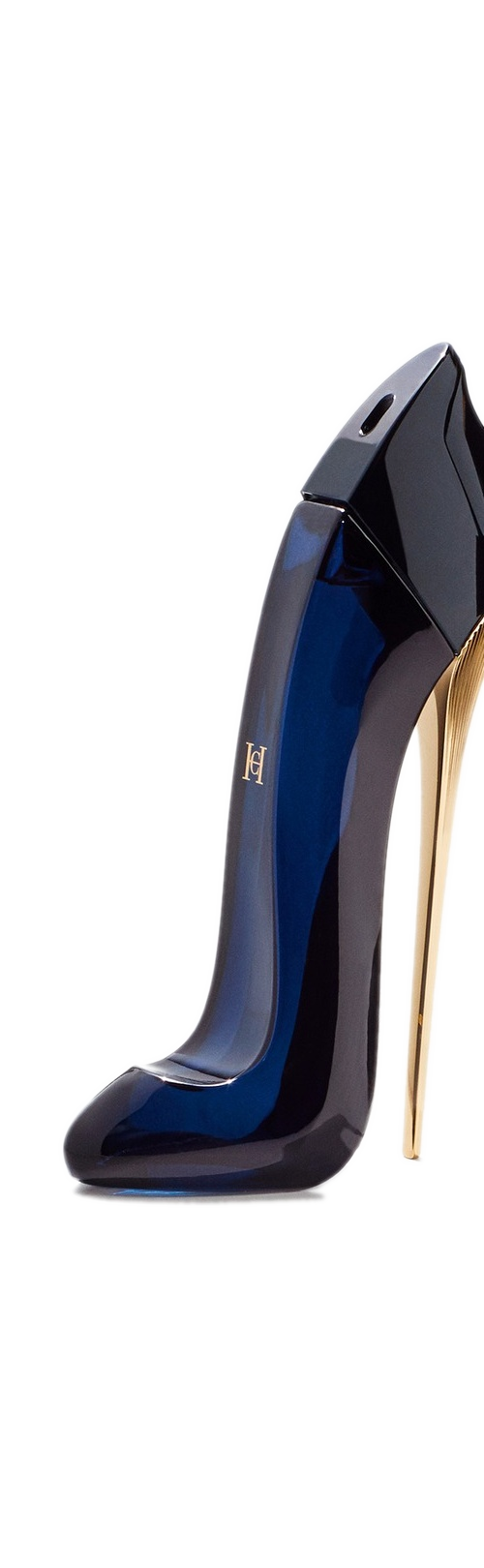 Good Girl Eau de Parfum Carolina Herrera 50ml: frasco salto agulha azul meia-noite com salto dourado canelado, monograma HC dourado no peito do pé