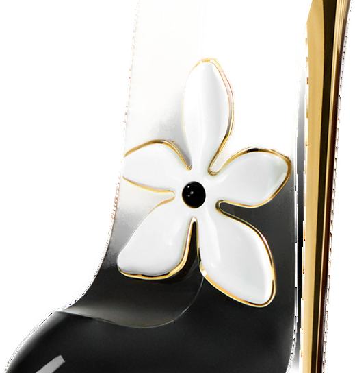 Close-up da flor de jasmim branca aplicada no frasco-stiletto preto Good Girl Jasmine