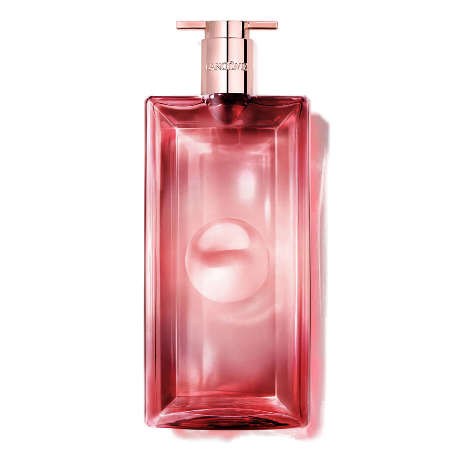 Idôle Power L'Eau de Parfum Intense Lancôme 50ml: frasco rosa-rubi finíssimo, lente esférica central, tampa rose gold gravada Lancôme