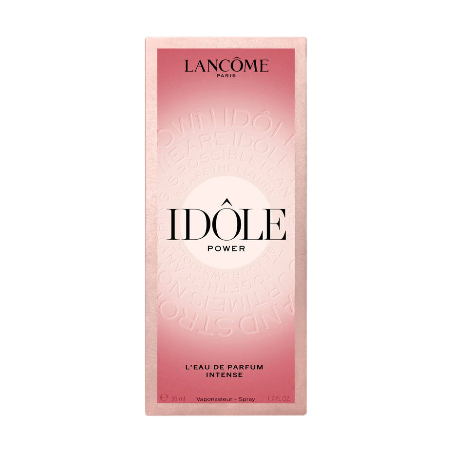 Idôle Power Lancôme 50ml: estojo oficial rosé com lettering em relevo e logotipo IDÔLE POWER