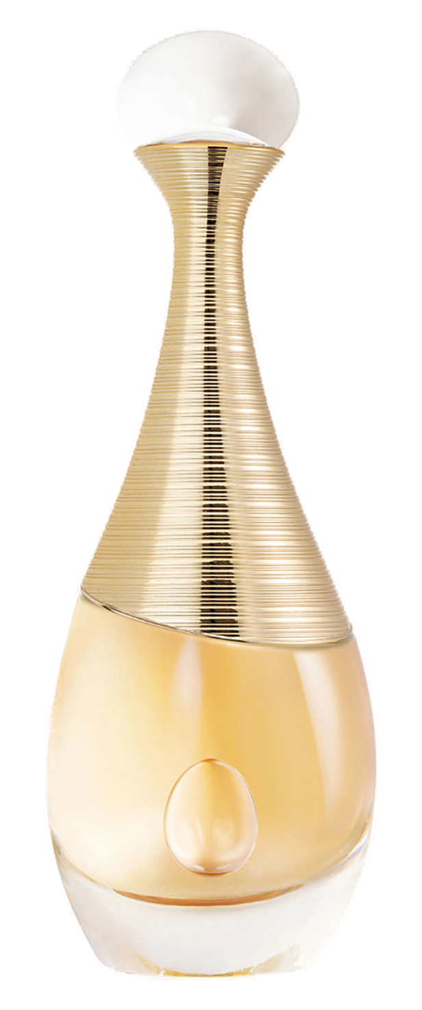 J'adore Eau de Parfum Dior: ânfora de vidro com gradiente dourado, colar de anéis em ouro no gargalo, tampa pérola marfim e líquido âmbar com gota-emblema