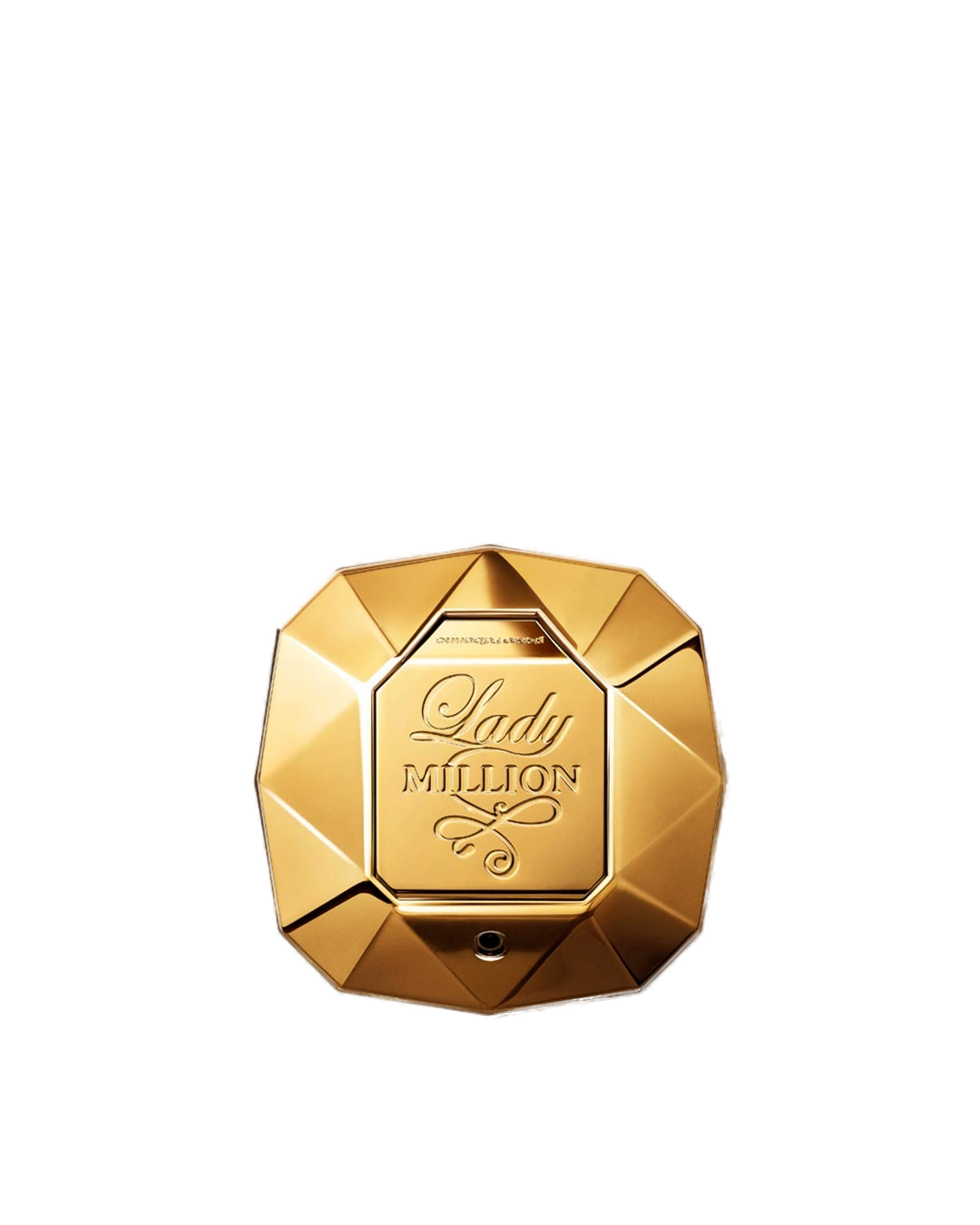 Lady Million Eau de Parfum Rabanne 80ml: frasco em formato de diamante facetado em ouro com gravação Lady Million no peito da pedra