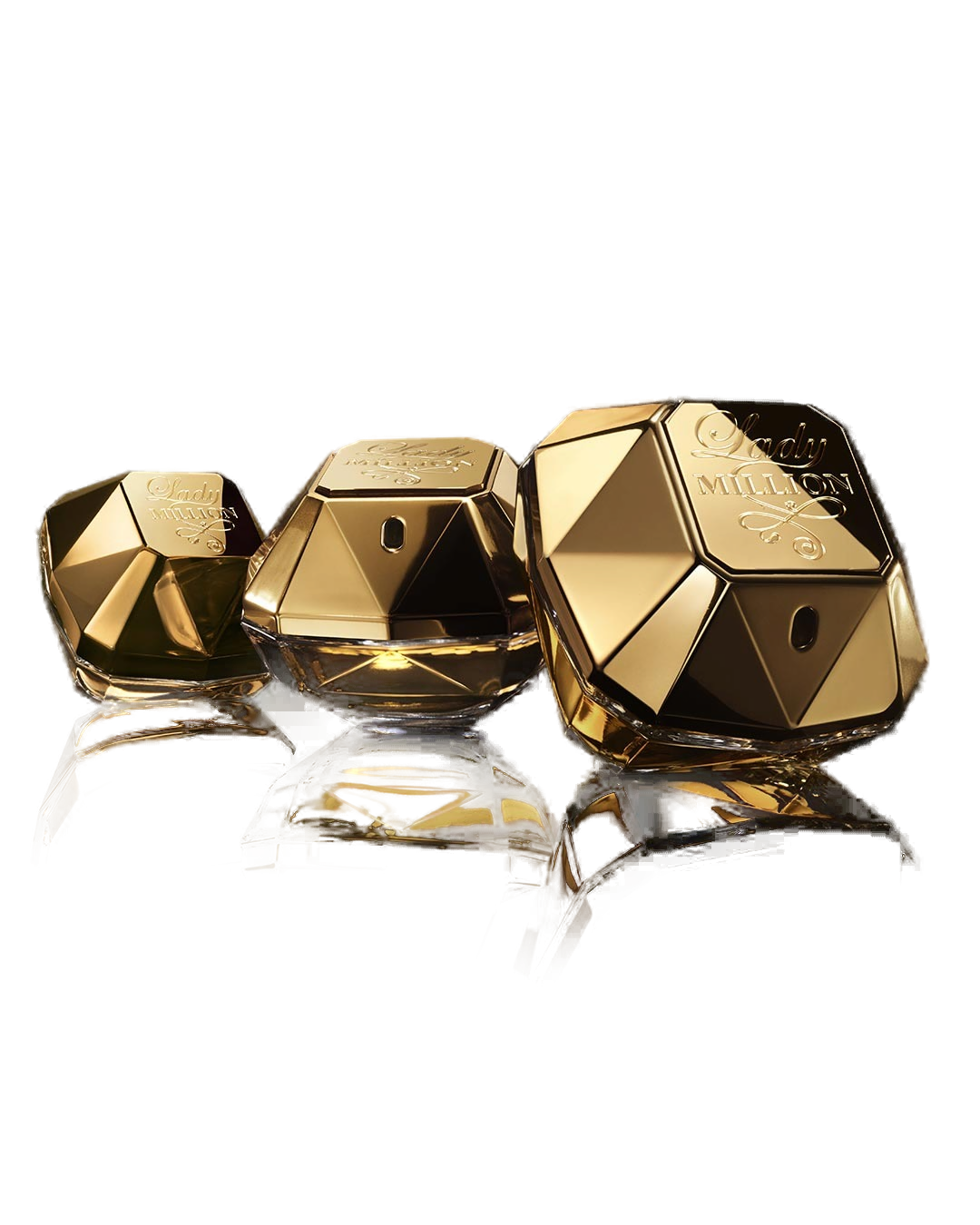 Família Lady Million Eau de Parfum Rabanne em três tamanhos: frascos diamante de ouro com cápsula maciça e gravação no peito do diamante