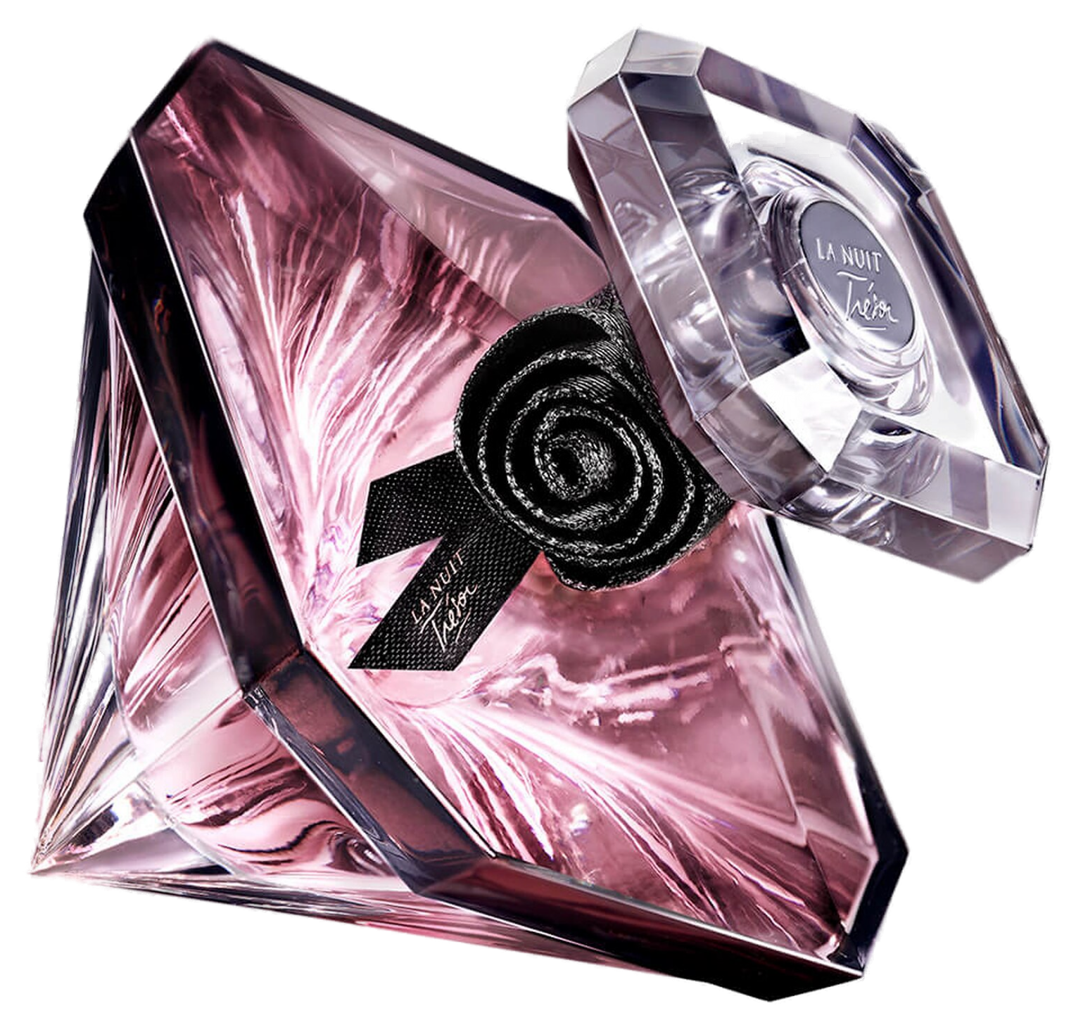 La Nuit Trésor Eau de Parfum 30ml Lancôme: frasco-diamante de cristal lapidado plum com laço de rosa negra em cetim e plaqueta La Nuit Trésor