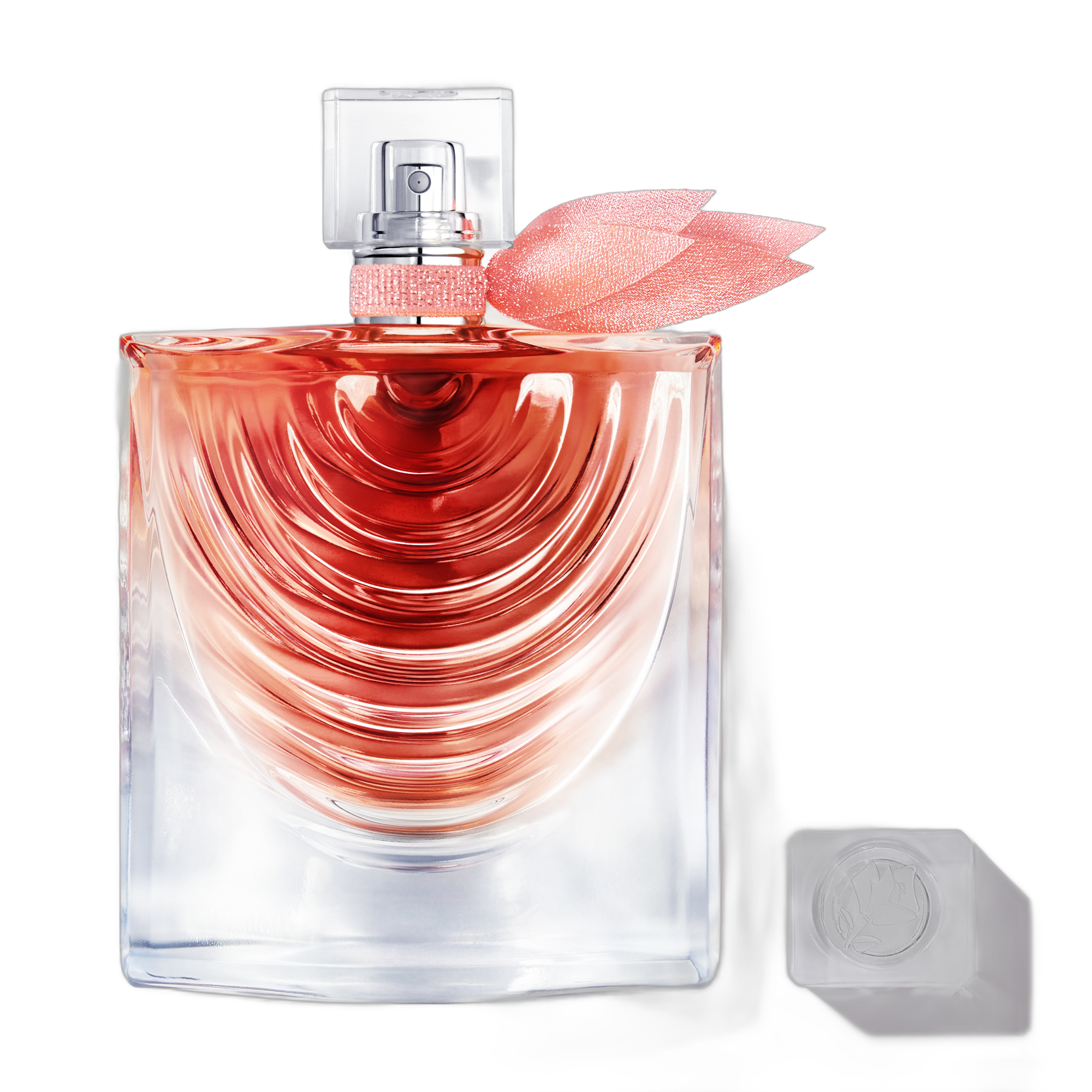 La Vie Est Belle Iris Absolu Lancôme 100ml: frasco em cristal facetado com líquido rosé, gravura concêntrica e fita de seda rosa no pescoço