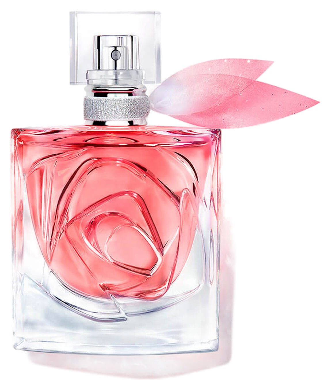 La Vie Est Belle Rose Extraordinaire Eau de Parfum 30ml Lancôme: frasco-sorriso de cristal com rosa esculpida em coral, tampa de cristal e colar prateado