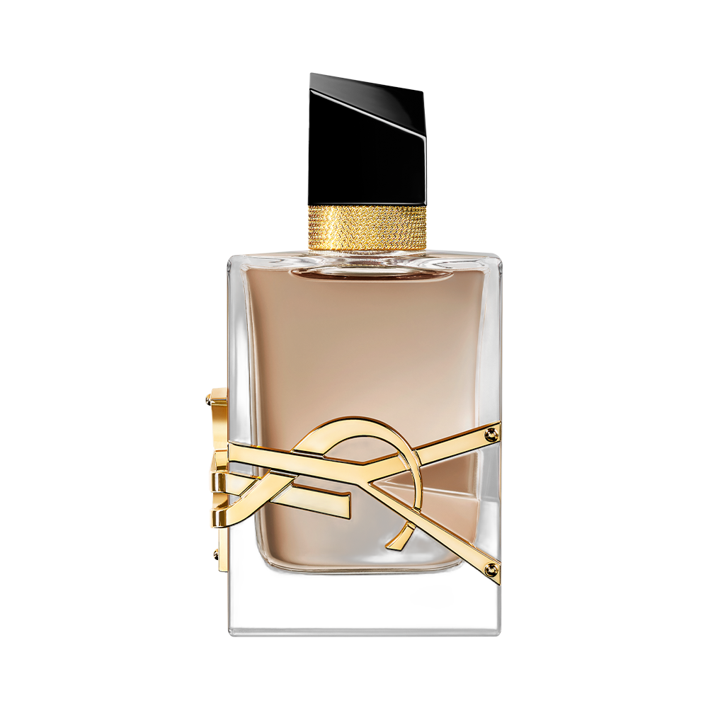Libre Flowers and Flames YSL: frasco transparente com monograma YSL dourado lateral, tampa preta laqueada e arte gráfica edição limitada Flowers and Flames
