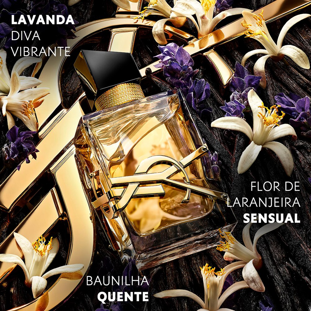 Detalhe do emblema Cassandre dourado YSL no frasco do Libre