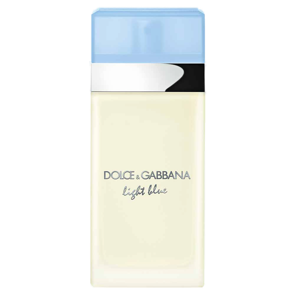 Light Blue Eau de Toilette 30ml Dolce & Gabbana: frasco retangular de vidro transparente com líquido amarelo-claro, tampa azul-clara translúcida e placa metálica prateada com Dolce&Gabbana light blue gravado