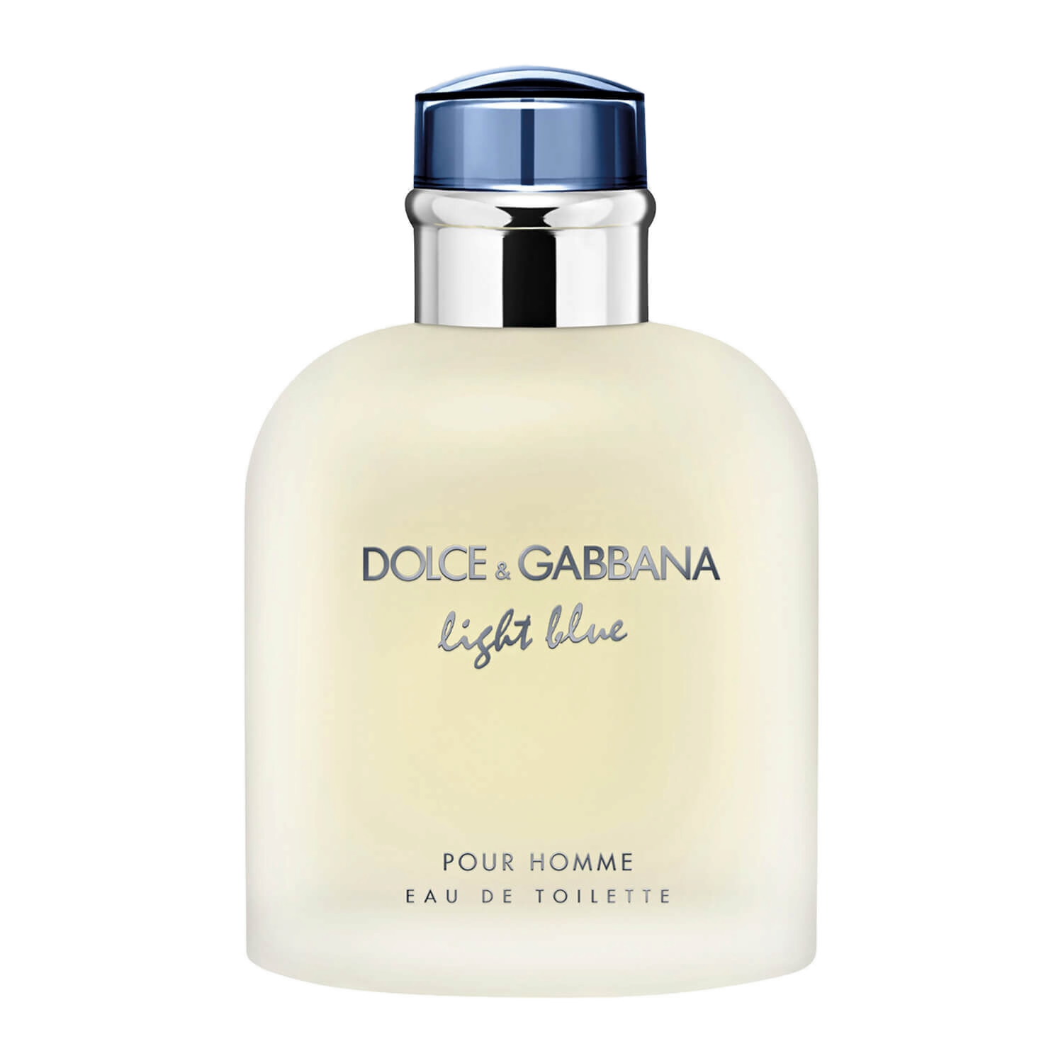 Dolce & Gabbana Light Blue Pour Homme Eau de Toilette: frasco em vidro frosted translúcido com tampa em azul Capri e detalhe cromado, lettering DOLCE & GABBANA e light blue em prata, POUR HOMME na base