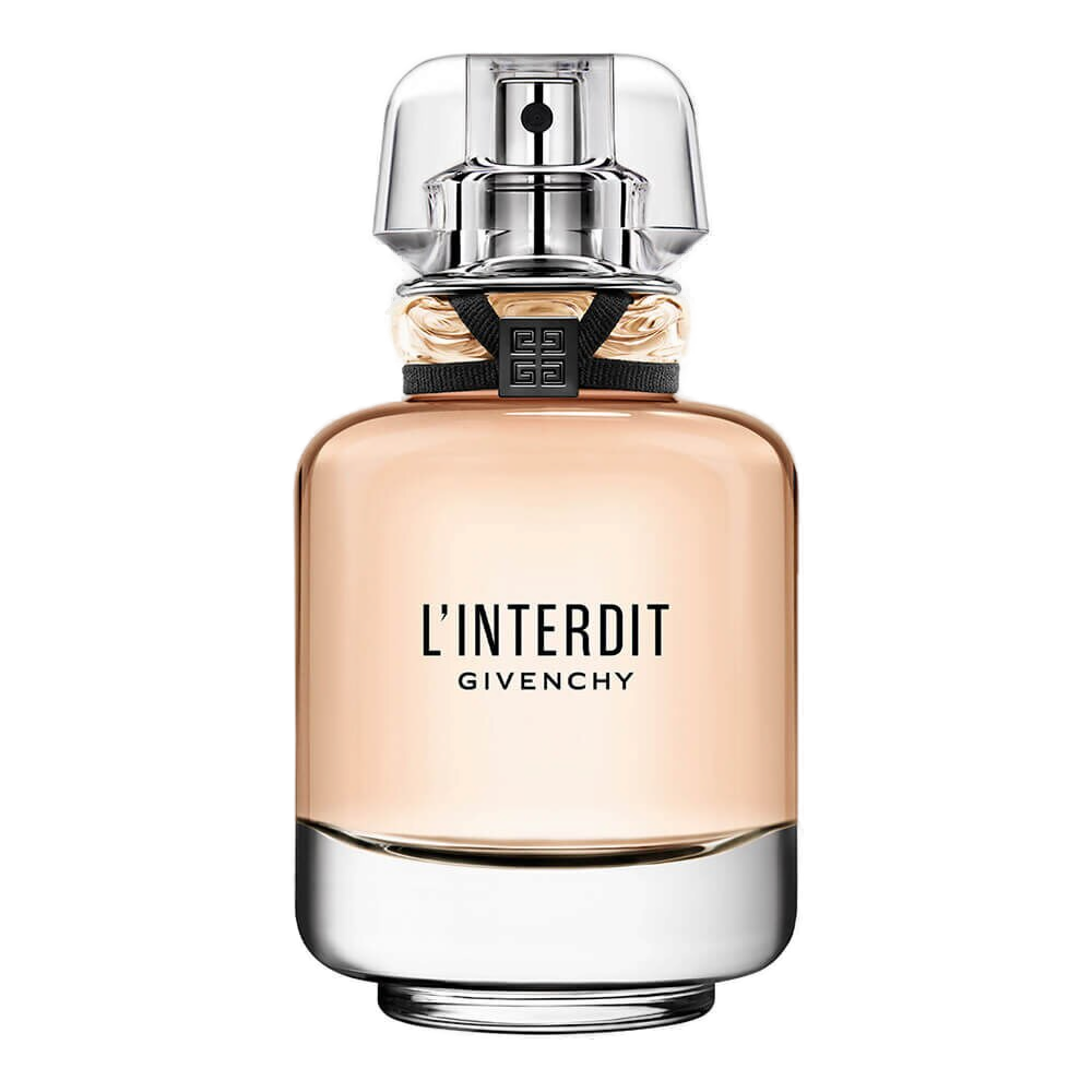 L'Interdit Givenchy 50ml: vidro noir translúcido com a lettering Givenchy em dourado, tampa dourada espelhada com a assinatura Givenchy